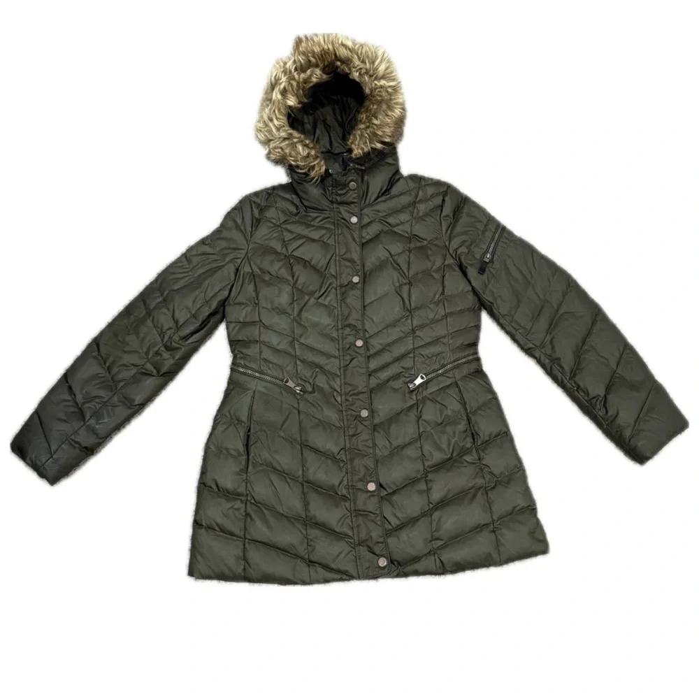 🧥❄️ MARC NEW‎ YORK Green Quilted Puffer Coat | Faux Fur Hood | Cabincore Sz M